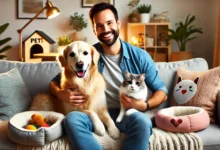 A happy man sitting on a cozy couch with his dog and cat, both looking content. The man is smiling warmly while petting the animals, showcasing a clos