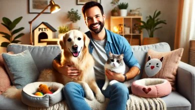 A happy man sitting on a cozy couch with his dog and cat, both looking content. The man is smiling warmly while petting the animals, showcasing a clos