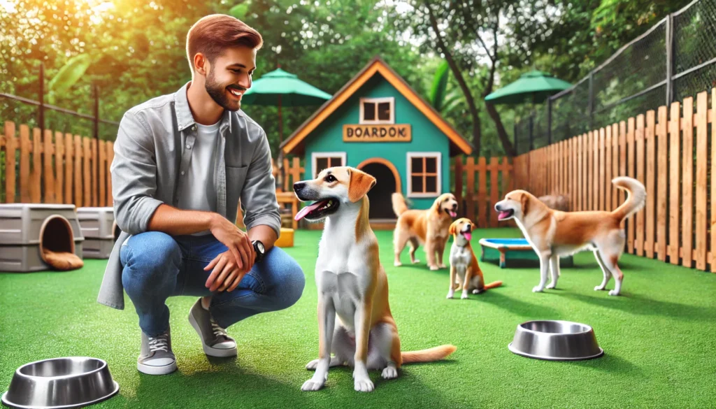 A friendly, well-trained dog sitting attentively next to a professional male dog trainer in a calm, green outdoor setting. The trainer, dressed in cas.webp