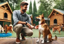 A friendly, well-trained dog sitting attentively next to a professional male dog trainer in a calm, green outdoor setting. The trainer, dressed in cas.webp