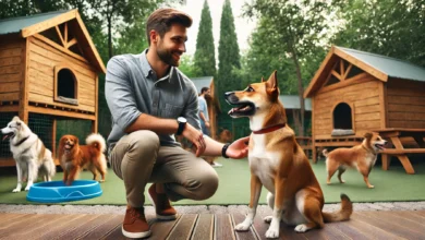 A friendly, well-trained dog sitting attentively next to a professional male dog trainer in a calm, green outdoor setting. The trainer, dressed in cas.webp