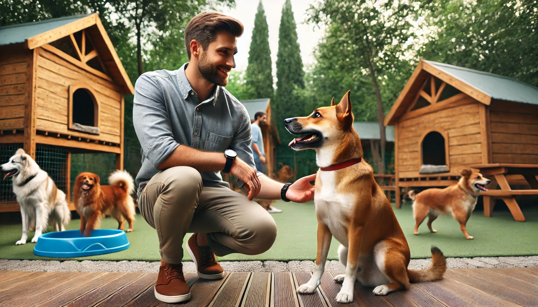 A friendly, well-trained dog sitting attentively next to a professional male dog trainer in a calm, green outdoor setting. The trainer, dressed in cas.webp