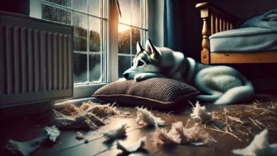 A Husky sitting near a window, looking longingly outside, with signs of mild destruction nearby (such as a torn-up pillow or scratched furniture). The dog's expression reflects loneliness or anxiety, with its head resting on its paws in a quiet, dimly lit room.