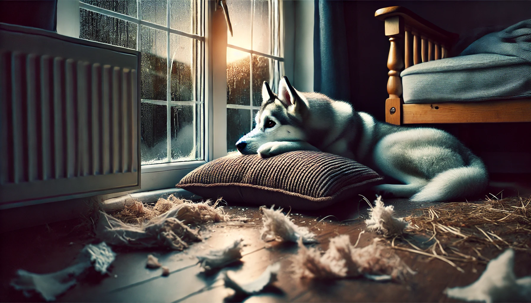 A Husky sitting near a window, looking longingly outside, with signs of mild destruction nearby (such as a torn-up pillow or scratched furniture). The dog's expression reflects loneliness or anxiety, with its head resting on its paws in a quiet, dimly lit room.